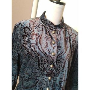 VELVET BLAZER STAND COLLAR PAISLEY PRINT NAVY BLUE SIZE LARGE PETITE LARGE P